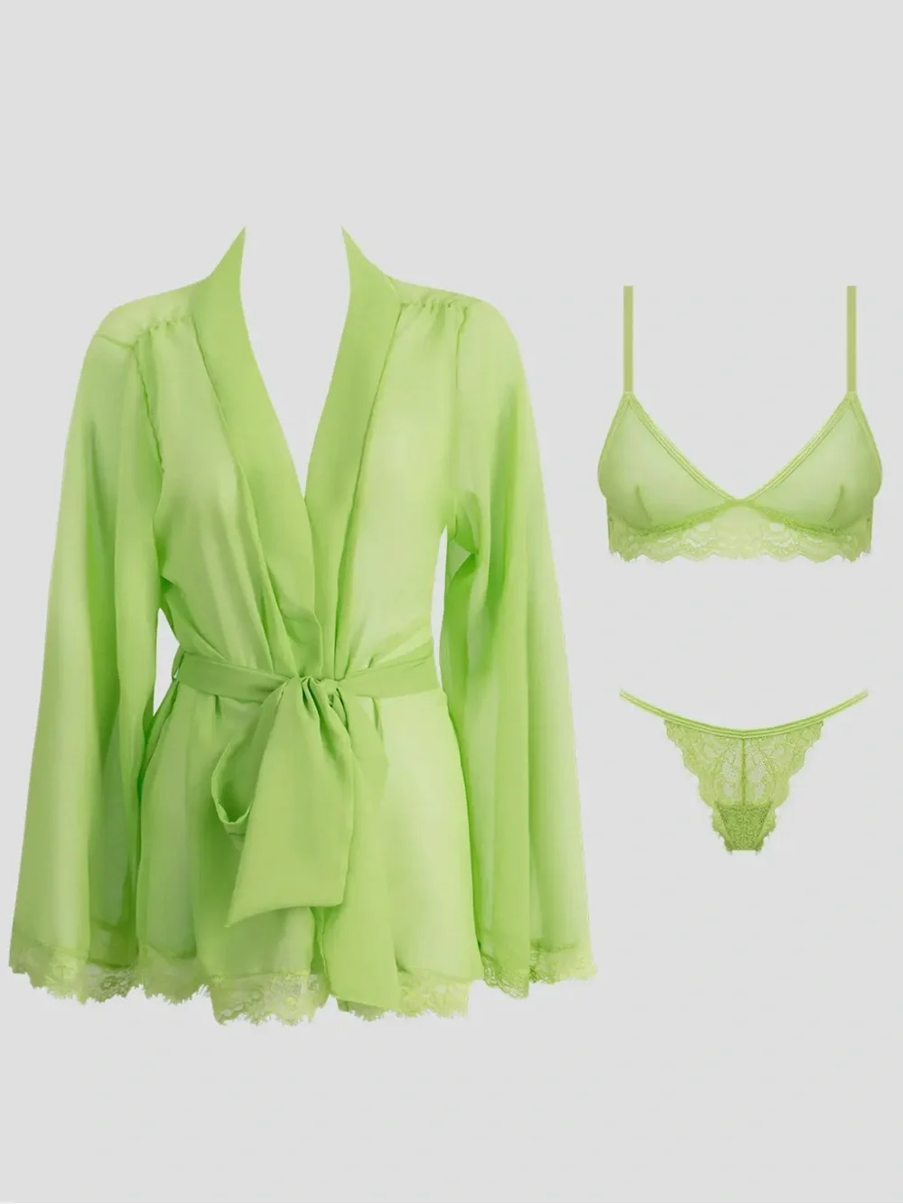 NWT 3pc Lace Bralette & Thong Lingerie Set with Sheer Robe | Neon Lime | Size M